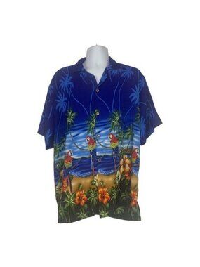 Vulvani Hawaiian Shirt Men’s XXXL Tropical Button-Up Blue Parrot Hibiscus
